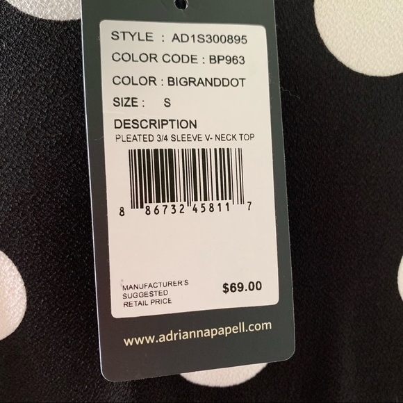 𝅺ADRIANNA PAPELL Black White Puff Sleeve V-Neck Knit Top Size Small NEW - Picture 7 of 8